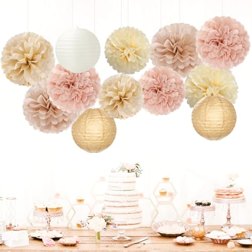 Champagne-Gold White Party-Decorations Paper-Flowers Lanterns - 15PCS Boho Fall Rustic Tissue Pom Poms Streamers,Wedding Baby Bridal Shower Neutral Autumn Birthday Hanging Supplies Decor Hugfond - color: Khaki Champagne
