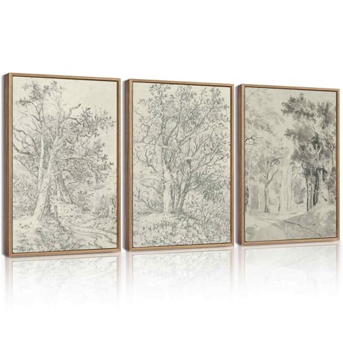 KUVIOKE Vintage Tree Framed Wall Art Retro Antique Forest Drawings Nature Wilderness Sketch Wall Painting Modern Landscape Decor 12x16in (Natural Framed) - color: Vintage Trees, size: 12 x 16in x 3 Panels Natural