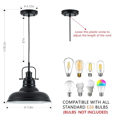 Zlepmlla Famrhouse Pendant Light, Black Pendant Light Fixture with Metal Dome Shade, Adjustable Height Hanging Light for Kitchen Island, Living Room, Bedroom - color: Metal Black
