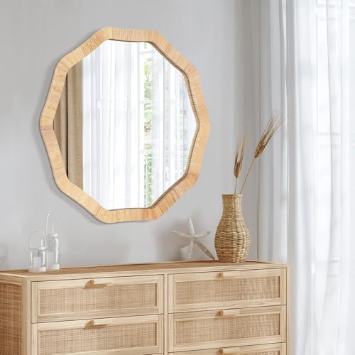 ULIKE Rattan Wicker Mirror for Bathroom, 24 Inch Boho Woven Decorative for Wall, Rustic Farmhouse Vanity Mirror, Geometric Rattan Mirrors for Living Room Entryway Bathroom Bedroom - color: Decagonal, size: 24"L x 24"W