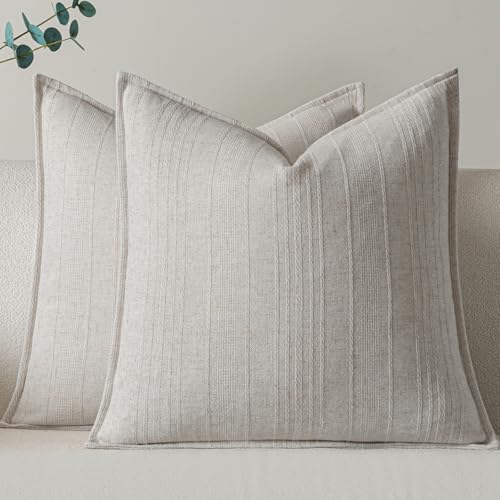 a moment Linen Pillow Covers Set of 2,Boho Farmhouse Throw Pillowcases Neutral Textured Decorative Covers for Couch Sofa Bed,Soft Linen Blend Accent Case Cushion Living Room Home Decor 18"x18"Ivory - color: Ivory, size: 18" x 18" (Pack of 2)