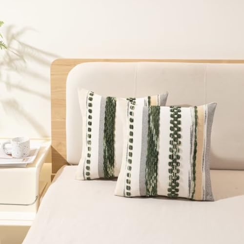 Boho Throw Pillow Covers 18x18 Set of 2 Christmas Decorative Cushion Case Striped Square Pillows Cover Chenille Pillow Cases Accent Neutral Pillowcase for Sofa Couch Bed,Dark Green - color: Dark Green Stripe
