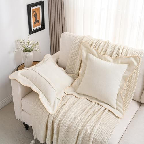 FUTEI Pack of 2 Solid Scalloped Bordered Throw Pillow Covers 18x18 Inch Soft Chenille Decorative Cushion Cases Farmhouse Accent for Couch Bed Living Room, Beige - color: Beige, size: 18" x 18" (Pack of 2)