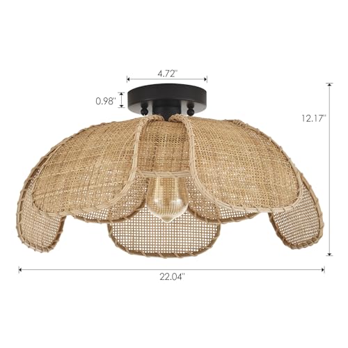 22" Natural Rattan Flush Mount Ceiling Light Fixture， Hemp Rope Wicker Hand-Woven Boho Chandelier with Flower Lampshade for Porch Patio Hallway Bedroom Living Room Kitchen Island
