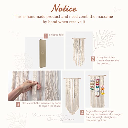 Mkono Macrame Bow Holder Hanging Hair Bow Organizer for Girls Hair Bows,Boho Wall Hair Clips Headband Storage Hanger for Baby Toddler Girls Room, Ivory (Clips and Other Props Not Included)