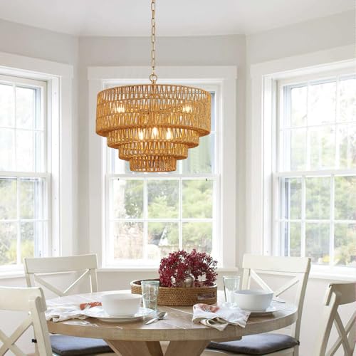 19.7" Gold Boho Rattan Chandelier, 6-Light Vintage Farmhouse Hand Woven Wicker Chandeliers Light Fixture, 4-Tier Rustic Drum Pendant Light for Dining Room Kitchen Island Living Room, E12 - color: Golden 19IN A
