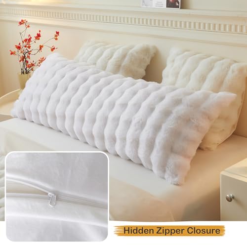 LIFEREVO Fluffy Faux Rabbit Fur Body Pillow Cover, Luxury Bubble Waffle Shaggy Plush Bed Body Pillowcase with Zipper Closure, Long 20"x54" Fuzzy Furry Pillow Case for Adults Kids Girls Teens, White - color: White
