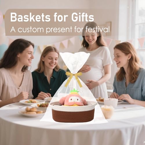 JMvicyroam Woven Basket,Small Rope Storage Bin with Handles & Ribbon Bag, Organizer for Shelves Closets,Gift Basket Empty for Birthday,Books,Dog Toys, White&Brown/3 Pack - color: White&Brown, size: 3 Pack