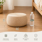 Small Straw Round Pouf Ottoman, Natural Mini Solid Wood Footrest, Boho Low Tatami Footstool for Living Room Bedroom Patio, 12.2"×12.2"×8.7", Ideal for Foot Rest or Temporary Seating
