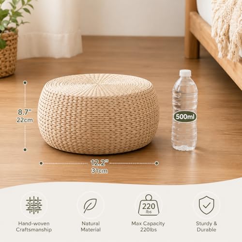 Small Straw Round Pouf Ottoman, Natural Mini Solid Wood Footrest, Boho Low Tatami Footstool for Living Room Bedroom Patio, 12.2"×12.2"×8.7", Ideal for Foot Rest or Temporary Seating