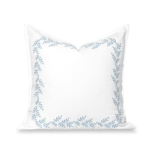 Hofdeco Premium Grandmillennial Coastal Hampton Patio Indoor Outdoor Throw Pillow Cover Only, 20"x20" Water Repellent for Backyard, Couch, Poolside, Baby Blue Embroidered Leaves Frame - color: Baby Blue Leaves Frame 20"x20"