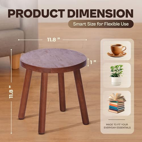 Wooden Stool Small Round, Solid Rubberwood Plant Stand Indoor, 11.8" Mini Wood Side Table for Living Room Bedroom Bathroom, Rustic Farmhouse Decorative Stool (Walnut Color) - color: Walnut
