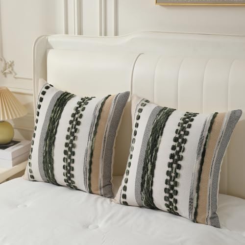 Boho Pillow Covers 18x18 Set of 2 for Couch-Modern Farmhouse Sofa Green Decorative Throw Pillow Covers Textured Chenille Cushion Covers Outdoor Netural Bohemian Bed Pillow Cases Square - color: Dark Green Stripe