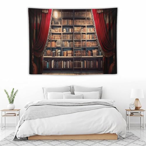 Houselerax Vintage Bookshelf Tapestry Retro Library Wall Hanging Tapestries,Old Books on Shelf Classical Study Room Student Study College Dorm Bedroom Living Room 60"x40" - color: Bookshelf-7, size: W60xL40in