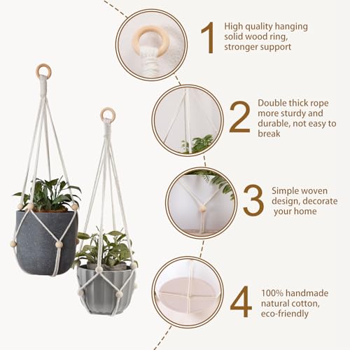 Artilady Hanging Planter for Indoor Plants Macrame Plant Hanger Large Hanging Plant Holder with Adjustable Beads Plants Basket White Rope Boho Plant Wall Decor (White Bead-2pcs) - color: White Bead-2pcs