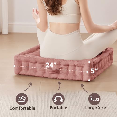 Intelligent Design Floor Pillow - Shredded Foam Filled Meditation & Yoga Cushion, Chenille Tufted, Handsewn Scalloped Edge, Oeko-TEX Certified, Azza, 24" x 24" x 5" Dusty Peach - color: Dusty Peach, size: 24"W x 24"L x 5"H