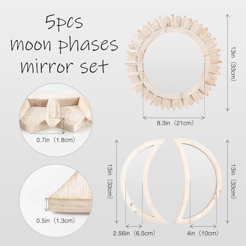 WAKOSAN Moon Phase Wall Mirror Set, 5PCS Wooden and Real Glass Mirrors | Bohemian style bedroom decor, crystal clear reflection, for living room apartment,wall hanging - color: White