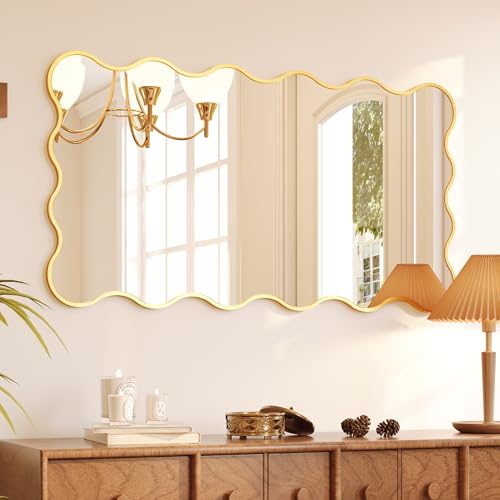 Kelly Miller 26x48 Inch Gold Scalloped Mirror, Large Rectangular Wavy Edge Bathroom Vanity Wall Mirror Decorative for Bedroom Living Room Entryway Fireplace Mantle - size: 48"L x 26"W