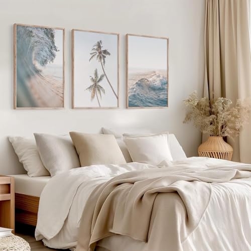 Joocrise Beach Wall Art Pictures Coastal Canvas Wall Decor Ocean Waves Poster Blue Beach Scene Artwork Palm Tree Art Coastal Landscape Prints for Living Room Bedroom 16x24 Inch Unframed Set of 3 - color: Waves Art Prints, size: 16x24 Inch Unframed