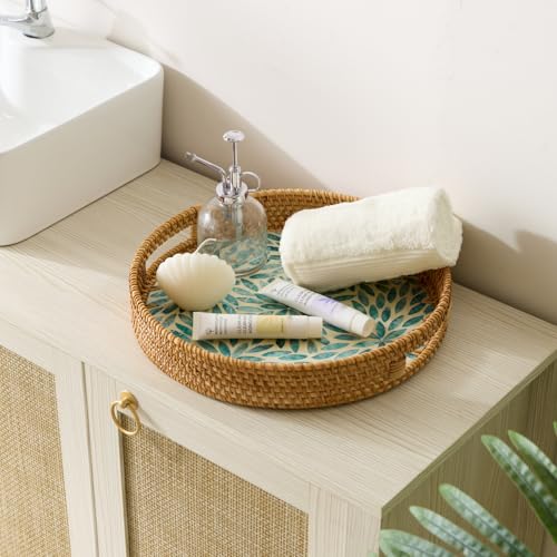 YANGQIHOME Round Rattan Tray with Handle, Mother of Pearl Inlay Decorative Wicker Basket for Coffee, Bread, Fruits, Serving Tray for Home Decor, Blue Flower - color: Blue Flower, size: 13.8"