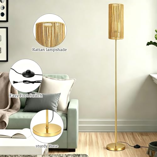 Ruiever Floor Lamp for Living Room,Farmhouse Floor lamp,Modern Standing lamp with Hand-Worked Rattan Shade (Straight Line Rattan Shade Gold Lamp- 3 Color Bulb) - style: Straight Line Rattan Shade Gold Lamp- 3 Color Bulb