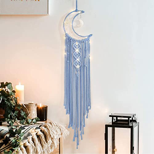 Macrame Moon Dream Catcher for Girl, Blue Boho Crescent Dreamcatcher for Bedroom Adult, Handmade Nursery Room Wall Hanging with Star Pendant for Teen Boy, Bohemian Home Decoration Idea - color: Baby Blue, size: Without Light