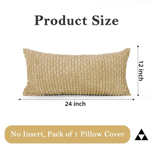 JoraLion 12x24 Boho Decorative Lumbar Throw Pillow Cover, Khaki Cozy Soft Striped Corduroy Long Rectangle Cushion Case Accent Home Decor for Sofa Bed Room Livingroom, ONLY Cover - color: Khaki, size: 24" x 12" (Pack of 1)