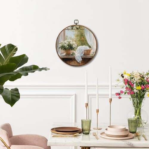 JUIOEIU Vintage Laundry Room Round Wall Decor,Rustic Farmhouse Framed Canvas Prints, Country Cottagecore Landscape Floral Wall Art Hanging Decorations for Washroom Bathroom Laundry Room Decor, 10x10in - color: Laundry room02