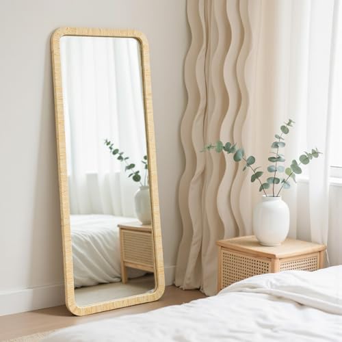 Rattan Mirror 18"x48" Rectangle Long Full Length Mirror Farmhouse Wicker Wooden Framed Full Body Floor Mirror Lean Against Wall for Bathroom Entryway Living Room Bedroom Fireplace Nature - size: 48"L x 18"W