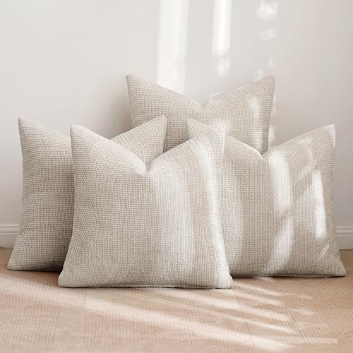 MIULEE Pack of 4 Couch Throw Pillow Covers 18x18 Inch Cream Soft Decorative Chenille Pillow Covers Farmhouse Accent Cushion Covers for Boho Spring Home Decor Sofa Bedroom Living Room - color: Cream, size: 18" x 18" (Pack of 4)