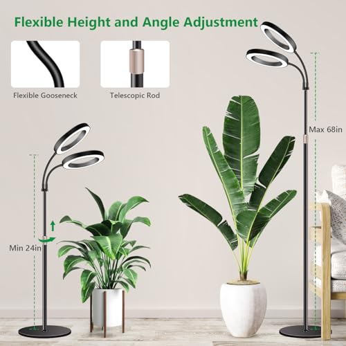Aumtrly Large Plant Light for Indoor Plants, 2 Head Full Spectrum Grow Light with 68" Adjustable Stand for Growing Large Tall Plants, Black Halo Floor LED Grow Lamp with 16 Hour Timer - size: 2 head 68inch/black