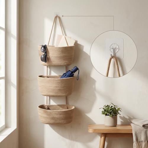 Hanging Wall Basket, Over the Door Hanging Basket with Hooks, Cotton Back of Door Organizer for Living Room, Bedroom, Boho Wall Decor, Toy Storage, Jute - color: Jute