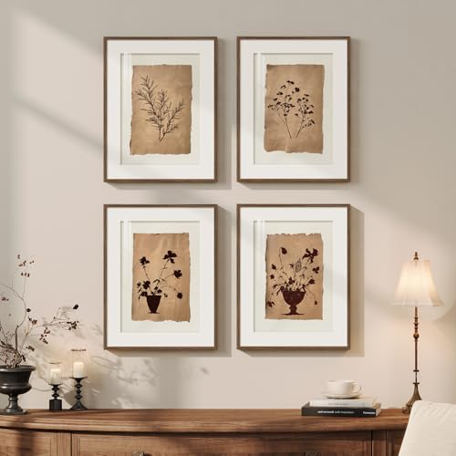 Framed Vintage Botanical Wall Art for Bedroom, 4 Piece Floral Brown Farmhouse Bathroom Picture Prints, Neutral Rustic Minimalist Botanical Artwork for Dining Room Fireplace Apartment Walls, 11x14 In - color: Brown and White, size: 11" W x 14" H x 4pcs