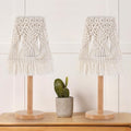 16" Tall Table Lamp Set of 2, Handwoven Macrame Shade & Solid Wood Base, Bohemian Style Bedside Lamp for Living Room, Bedroom, Study Office Decor