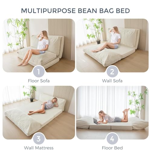 MAXYOYO Folding Sofa Bed, Floor Sofa Convertible Chair with Washable Cover, Floor Couch Lounge Bean Bag Chair Bed for Living Room, Beige, 39x91 Inch - color: Beige, size: Classic Twin