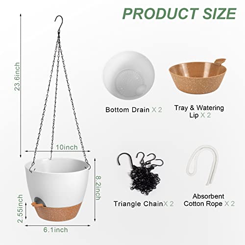 Vanslogreen Hanging Planters for Indoor Outdoor Plants, 2 Pack Self Watering Hanging Pot with Drainage Holes & Removable Tray (White, 10'') - color: White, size: 10''
