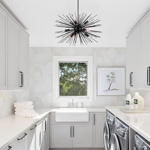 24in Black Sputnik Chandelier Mid Century Modern 9-Lights Starburst Chandelier Solid Metal Firework Urchin Satellite Chandeliers for Dining Room, Kitchen, Bedroom, Living Room, Foyer, E12 - color: Black 24" 9-Light Hanging Rod