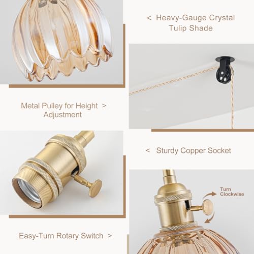Plug in Pendant Light Fixtures, Hanging Light Fixture Vintage Glass Pendant Light, Mini Amber Tulip Hanging Lamp, Pendant Lighting for Kitchen Island, Bedroom, Dining Room, Living Room - color: Tulip Amber