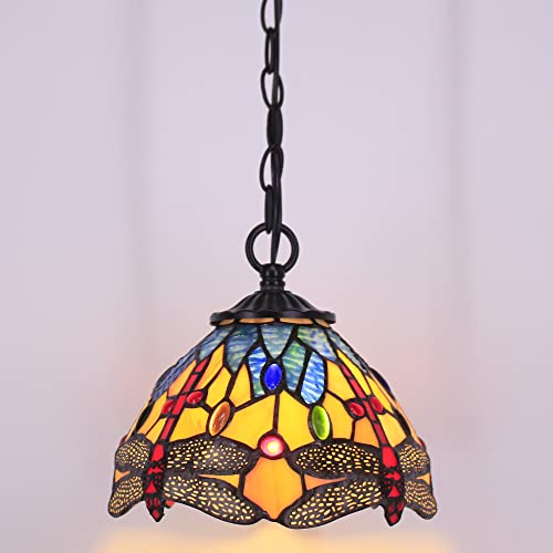 Small Tiffany Pendant Light 8 inch Tiffany Style Stained Glass Pendant Hanging Lamp Small Vintage Hanging Light Fixtures for Home Living Room Restaurant Hallway (Yellow Dragonfly Style) - color: Red Dragonfly Yellow Style