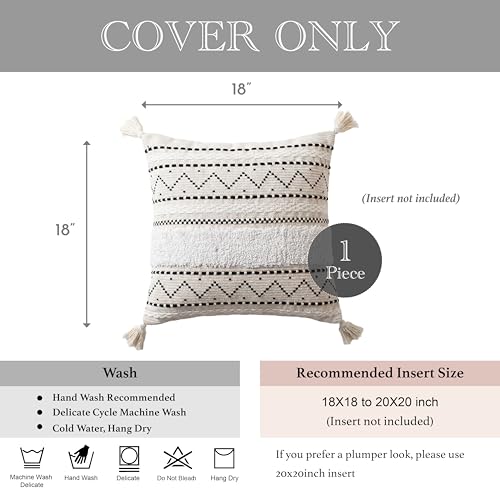 BlissBlush 18X18 Throw Pillow Cover, Cream Neutral Square Decorative Cushion Cover with Black Pattern, Boho Accent Pillowcase with Tufted Details and Tassels for Couch Sofa Living Room (Cover Only) - color: Black, size: 18" x 18" (Pack of 1)