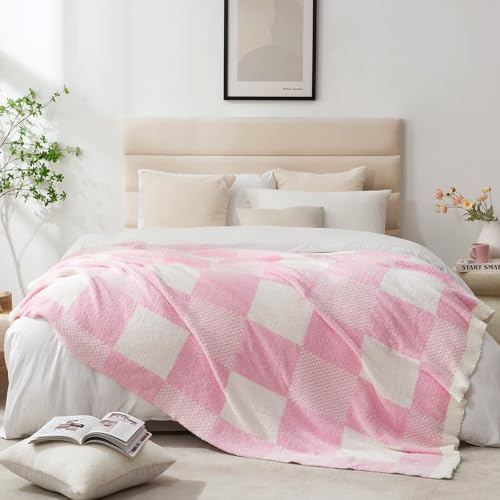 Snuggle Sac Checkered Blanket, Baby Pink Throw Blanket for Couch Plaid Microfiber Fluffy Warm Cozy Fuzzy Soft Throw Blanket Reversible Checkered Blankets for Sofa, Bed, 60x80 inches - color: Baby Pink, size: Twin(60"x80")