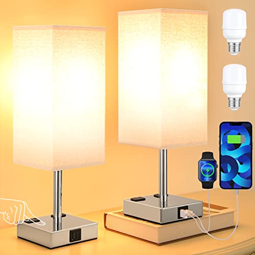 aooshine Beige Set of 2 Touch Lamp with USB Port-Nightstand Lamp with USB-C+A Charge Ports& AC Outlets, 3-Way Dimmable Bedside Lamp with Shade,Small Table Lamp for Bedroom Living Room(Bulb Included) - color: Beige-Silver