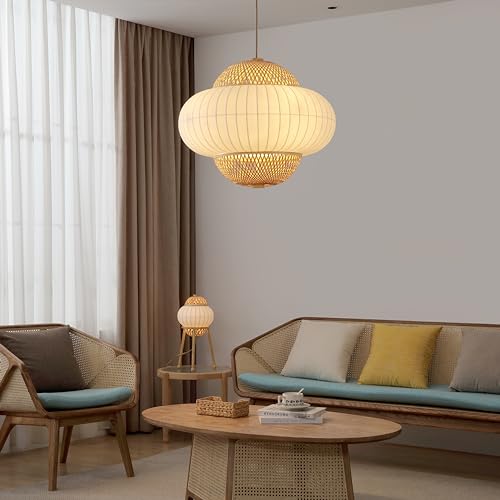 Hikari - Large Japanese Boho-Chic Bamboo 4 Light Pendant Light with Elegant Silk Fabric + Woven Bamboo Shade - Adjustable Hanging Cord for Living Room, Dining, & Kitchen Island, UL Listed - color: Hikari - 4 Light