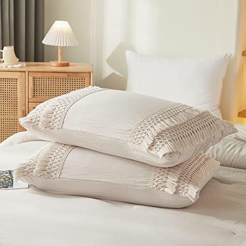 Beige Pillowcases, Macrame Tassel Pillow Cases Set of 2, 100% Washed Microfiber, Cream Decor Tassel Boho Pillow Cover, 2 Pack (King, Beige Tassel) - color: Beige Tassel, size: King, 20" x 40" (Pack of 2)