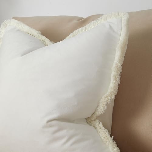 JUSPURBET Cream Decorative Velvet Fringe Throw Pillow Covers 18x18 Set of 2 Boho Soft Cushion Case for Home Decor Living Room Couch Sofa Bed - color: Cream, size: 18" x 18" (Pack of 2)