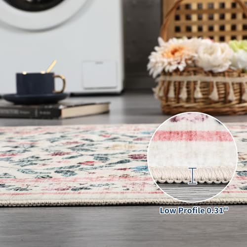 GarveeHome Washable Rug 6 x 9, Low Pile Farmhouse Floral Rug, Non-Shedding Indoor Foldable Printed Carpet Non-Slip Soft Vintage Throw for Bedroom Dining Room Kitchen, Pink - color: Pink, size: 6' x 9' (Rectangular)