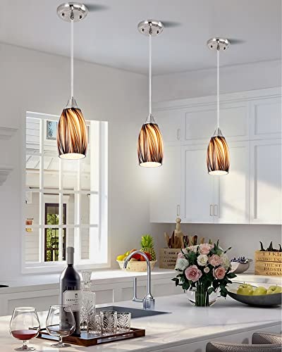karyfine Mini Pendant Lights Kitchen Island,Blown Art Glass Pendant Light Fixtures with Brush Nickel Finish Coffee Brown Hanging Lamp Shade for Kitchen Over Sink,Hallway,Bathroom Dining Room - color: Coffee Brown-1Pack