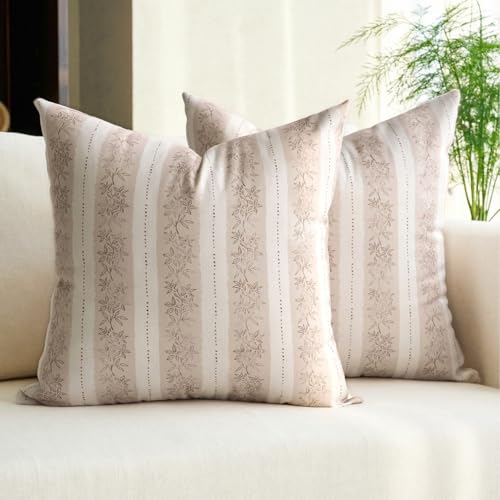 DOMVITUS Floral Pillow Covers 18x18 Inch Set of 2, Vintage Striped Block Print Decorative Throw Pillow Covers Neutral Farmhouse Boho Home Decor for Couch Sofa Bed Living Room, Cream White - color: Cream White, size: 18" x 18" (Pack of 2)
