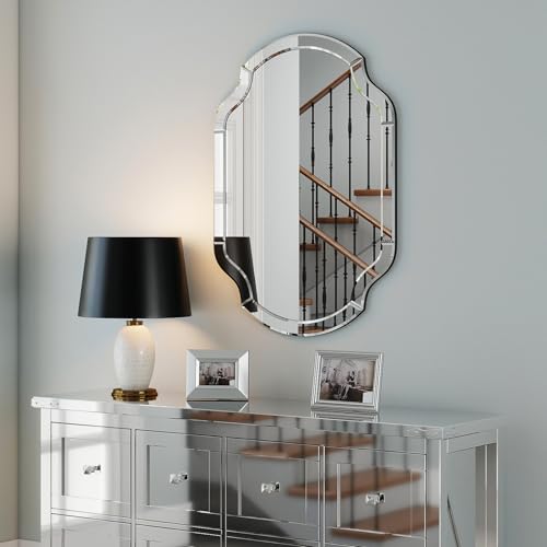 47" x 32" Large Wall Mirrors for Living Room, Modern Elegant Decorative Mirror with Beveled Glass Scalloped Corner, Horizontal or Vertical Hanging for Bathroom, Entryway, Dining Room - size: 47"L x 32"W
