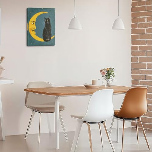 Vintage Cat Sitting on Moon Canvas Wall Art, Cat Aesthetic Framed Art Paintings Wall Decor Cats Lover Prints Picture for Living Room Dining Room Bedroom Farmhouse Decor 11.5x15 Inch - color: Multi 1392